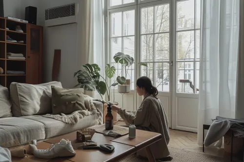 Intérieur lumineux avec fenêtres ouvertes, matériaux naturels et ménage écologique pour purifier l’air du logement