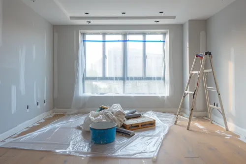 Vue détaillée d’un mur fraîchement recouvert d’une peinture naturelle écologique, au fini mat et uniforme, dans une pièce lumineuse