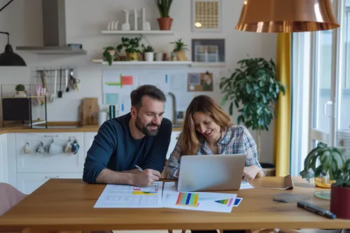 Couple examinant le budget global d’une éco‑réhabilitation, en intégrant travaux, économies d’énergie et aides financières