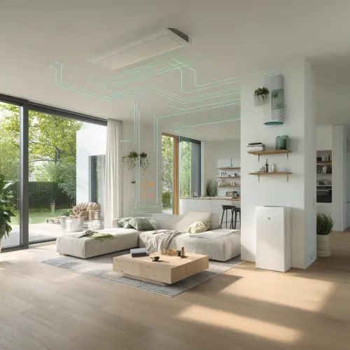 Schéma explicatif d’une VMC double flux montrant l’échangeur de chaleur et la circulation d’air sain dans toute la maison