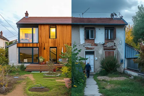 Vue d’un bâtiment ancien en cours d’éco-réhabilitation, illustrant les étapes clés, obligations légales et bénéfices écologiques et économiques associés