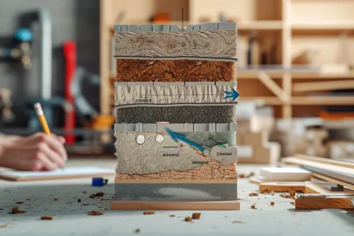 Coupe détaillée d’un mur perspirant montrant support, isolant et frein-vapeur, optimisés pour gérer humidité, chaleur et confort intérieur durable