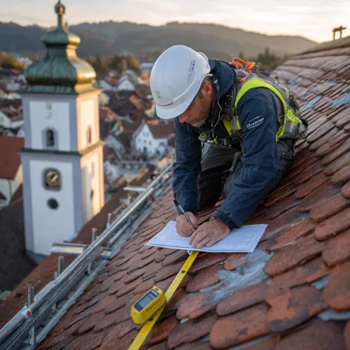 Vue détaillée d’installateurs vérifiant la structure d’un toit ancien avant la pose de panneaux solaires photovoltaïques
