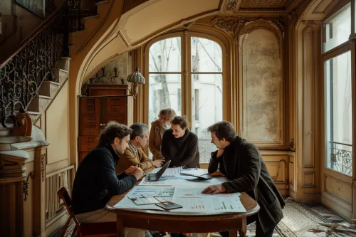 Copropriétaires suivant un plan détaillé pour financer et piloter un projet global de rénovation énergétique