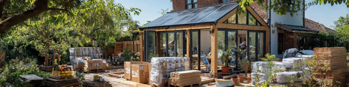 Couverture du Guide Ultime de la Rénovation Écologique présentant une maison rénovée avec matériaux durables et solutions basse consommation