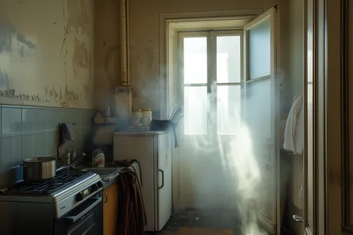 Vue d’un logement présentant différents types d’humidité, avec taches, moisissures et murs abîmés visibles