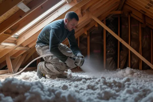 Ouate de cellulose projetée dans les combles d’une maison ancienne, illustrant une rénovation thermique écologique et performante