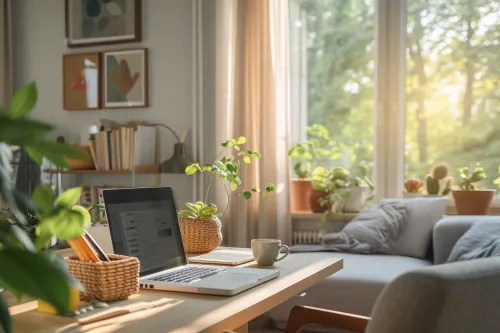 Peinture écologique appliquée dans un salon moderne, murs clairs, décoration naturelle et lumière douce pour un intérieur sain