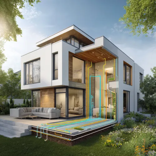 Schéma d’un puits canadien ventilation naturelle assistée montrant l’air extérieur circulant dans des conduits enterrés pour préchauffer ou rafraîchir la maison